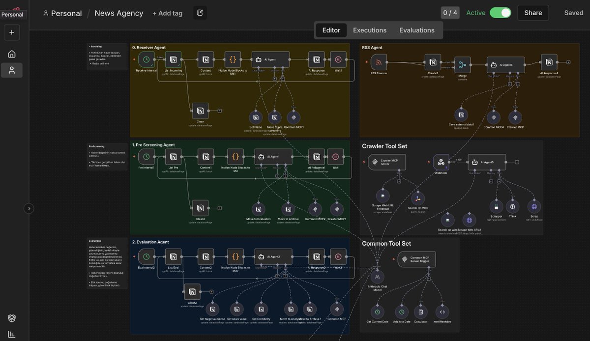 7farukcan's tweet image. Her gün yüzlerce haber başlığı arasında kaybolmak yerine, bu süreci AI agentler çalışanlarım ile otomatize etmeye karar verdim. Ekran görüntüsünde gördüğünüz bu yapı, benim "Kişisel Haber Ajansı Şirketim."
Bilgi kirliliğinden kurtuluyorum ve günde en az 1 saat kazanıyorum.
#ai