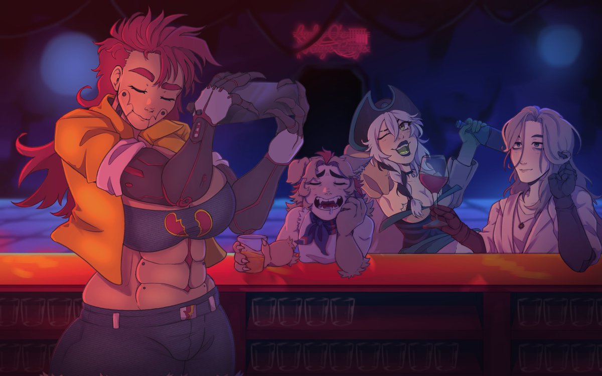 QularVo's tweet image. Got this lovely little piece done by @JukesBarks.

Juke @StarrySkipper and @pro_stoic enjoying a drink at the Rage Cage &amp;lt;3