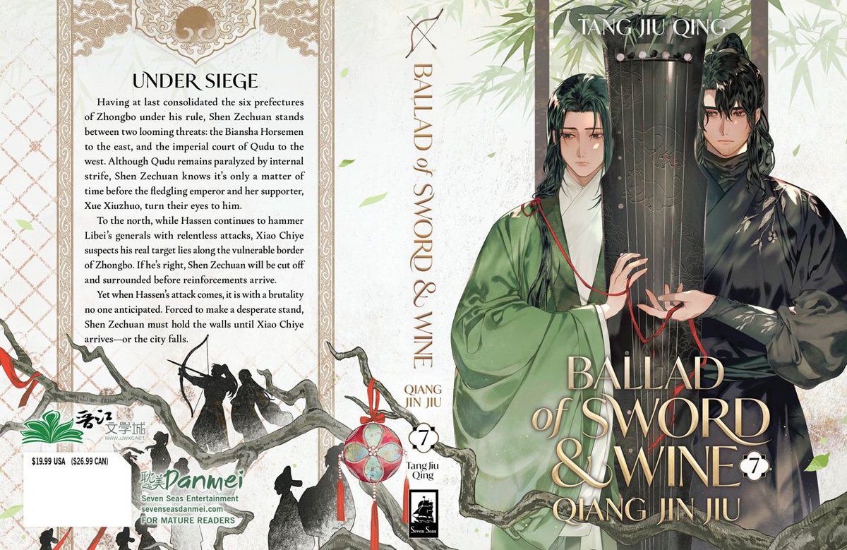 New #danmei cover reveal! ✨ BALLAD OF SWORD AND WINE: QIANG JIN JIU (NOVEL) Vol. 7 by Tang Jiu Qing, with gorgeous art by St! #SevenSeasDanmei #QiangJinJiu #QJJ

This historical tale of war and political intrigue continues April 2026.

Pre-order now:
sevenseasentertainment.com/books/ballad-o…