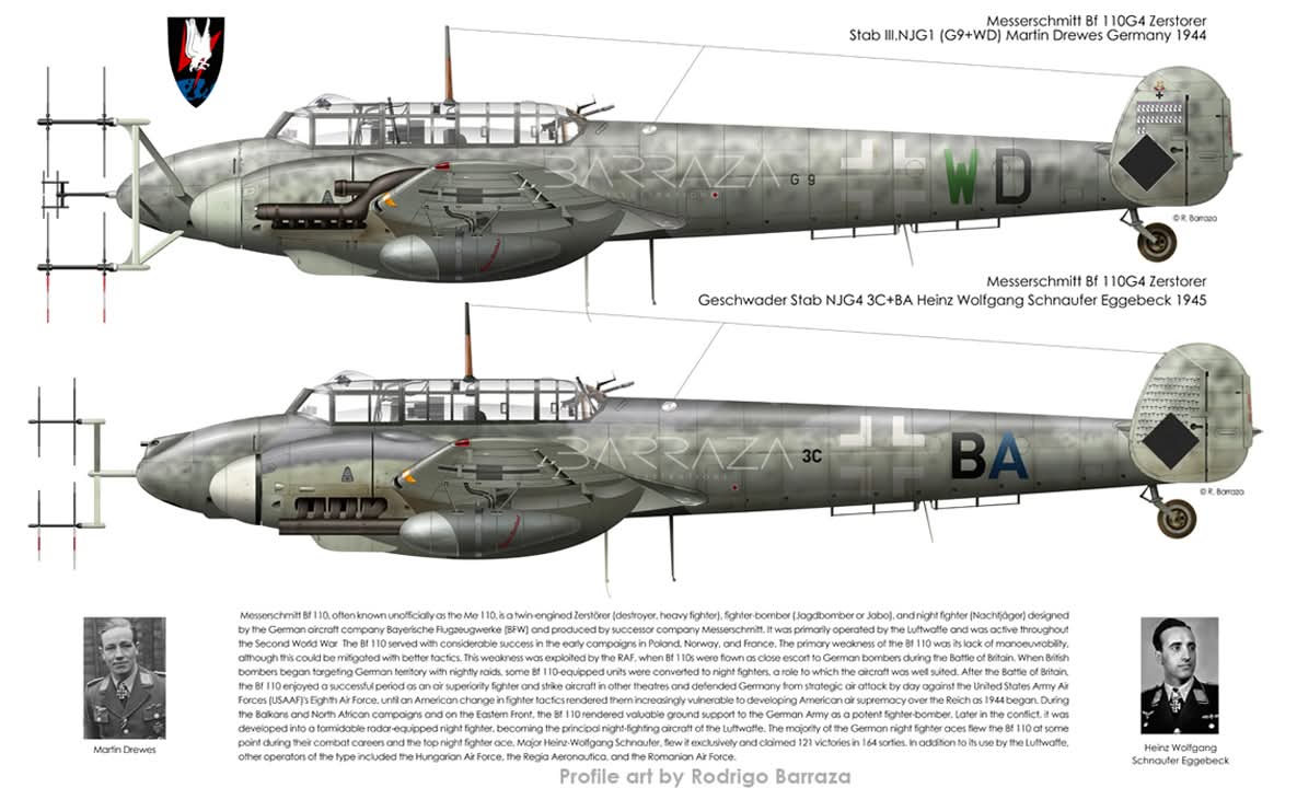 TRUFAULT's tweet photo. Bf 110 G4 Zerstörer, pilotado por Martin Drewes, 1944

Bf 110 G4 Zerstorer, pilotado por Heinz Wolfgang Schnaufer, 1945.
🇩🇪
#Luftwaffe #Messerschmitt #Bf110 #Zerstorer https://t.co/AHQJBl3tSG