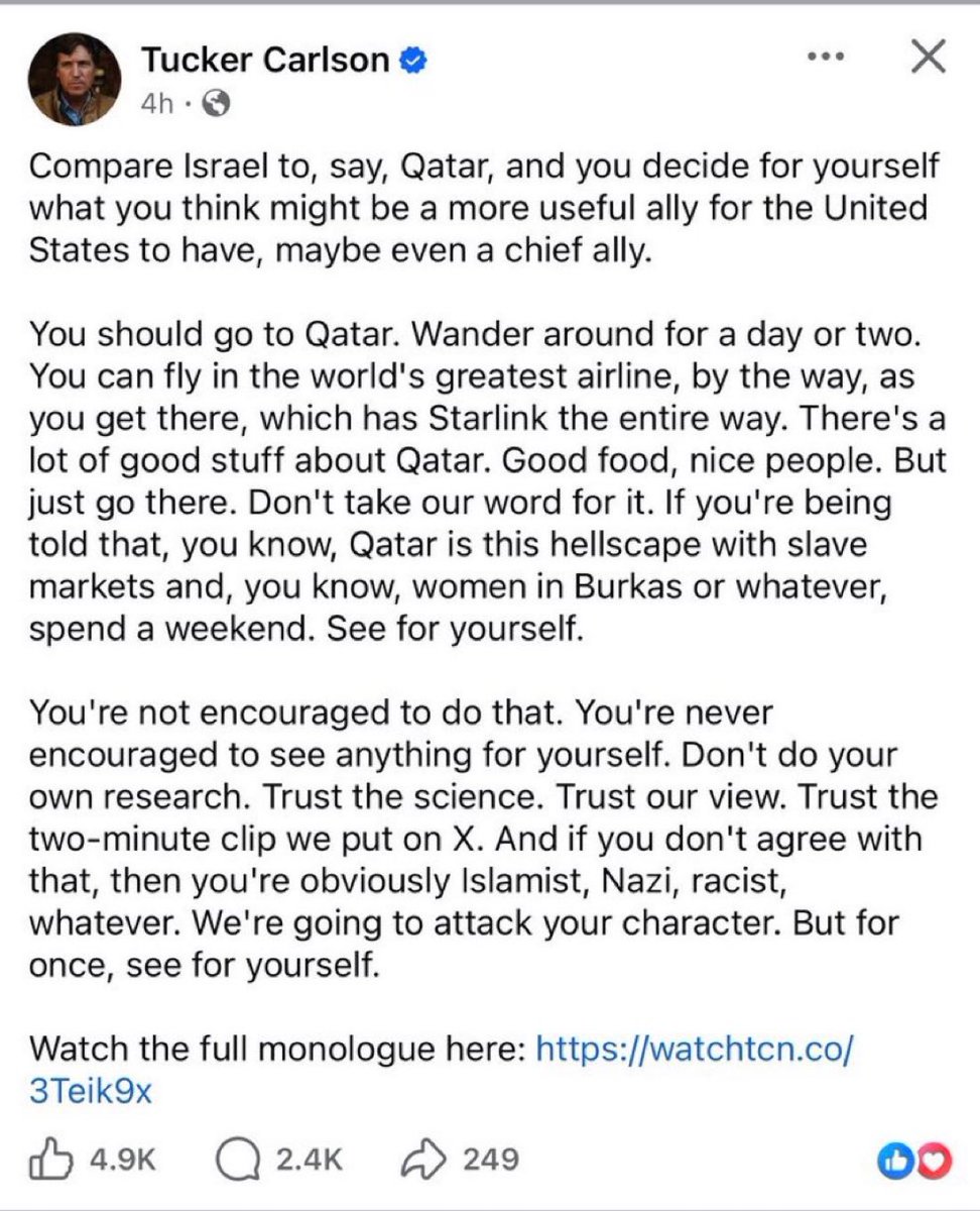 TruthCourse's tweet image. I agree with the deranged Tucker Carlson. Go to Qatar to see for yourself how rubbish of a country it is, and how it violates every single human value and right. Tucker was sent by his Qatari bosses to places that reflect what they wanted him to see, but if he went as an…
