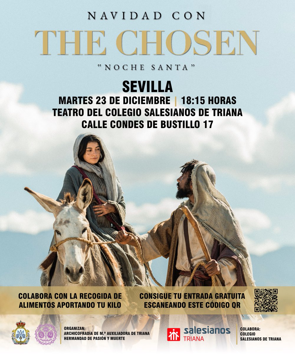 CULTOS Y FORMACIÓN | NAVIDAD CON THE CHOSEN.

📆Martes, 23 de diciembre.
🕞18:15 horas.
🏛️Teatro de <a href="/salesianotriana/">Salesianos Triana</a>.

🎥"Noche Santa" <a href="/thechosentves/">The Chosen España</a>.

🎫catik.org/events/navidad….

🫂Colabora con la entrega de 1 kg de alimento.

ℹ️hermandadpasionymuerte.es/?p=3138

#HermandadPasiónyMuerte