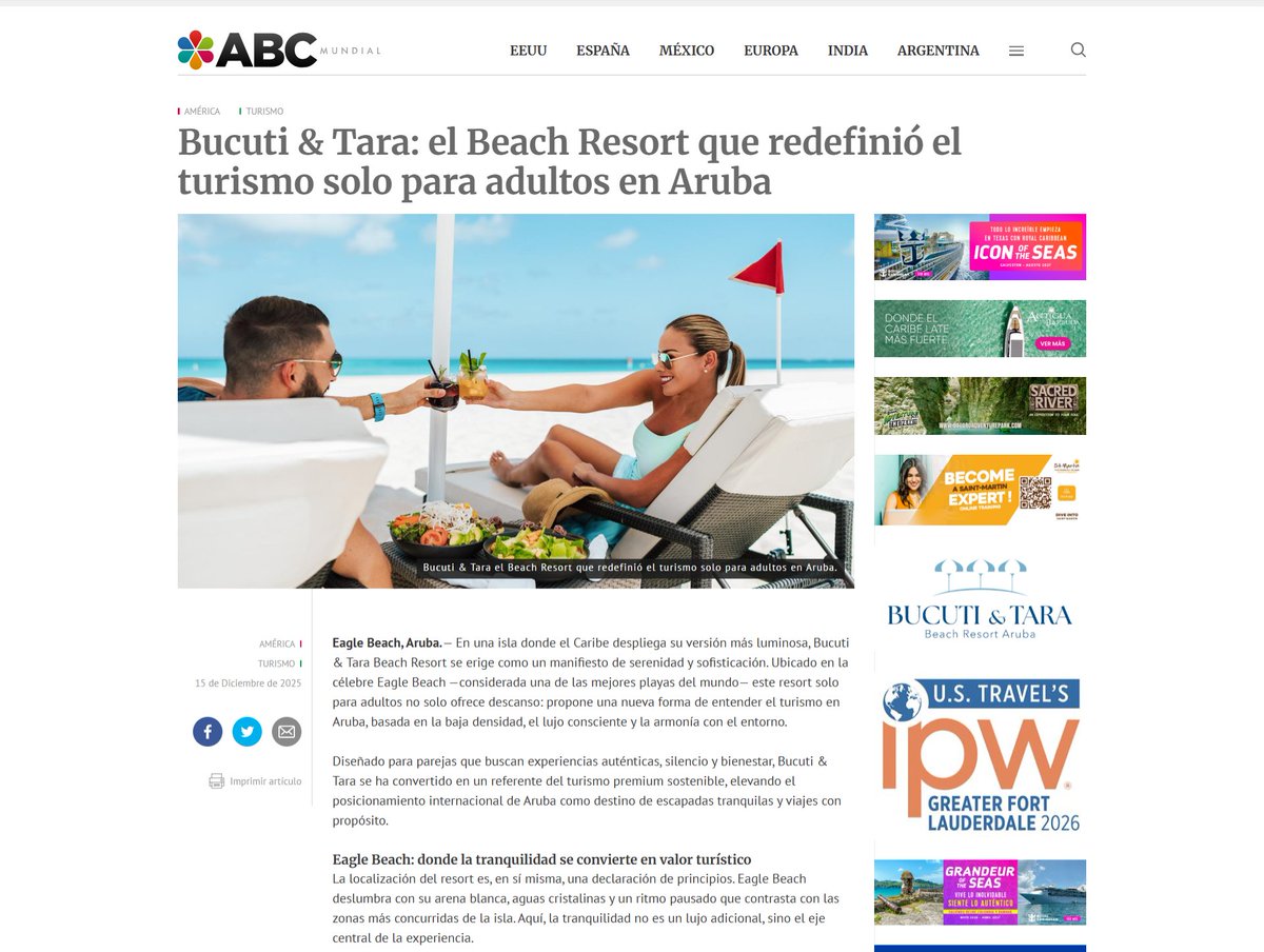 ABCMundial's tweet image. 🌴 Bucuti &amp;amp; Tara: el Beach Resort que redefinió el turismo solo para adultos en Aruba
@Bucuti 
#BucutiAndTara #Aruba #EagleBeach 
abcmundial.com/2025/12/15/ame…