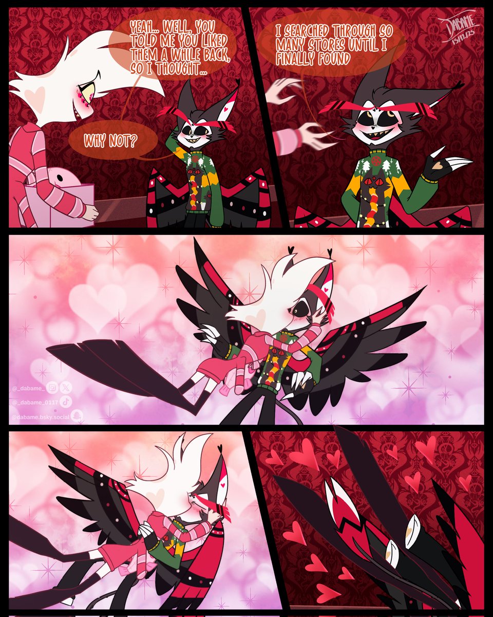 Special Christmas comic, "The Gift," I hope you like it. 🩷🩷🩷
#huskerdust #hazbinhotel #hazbinhotelfanart #angeldust #husk #cherribomb