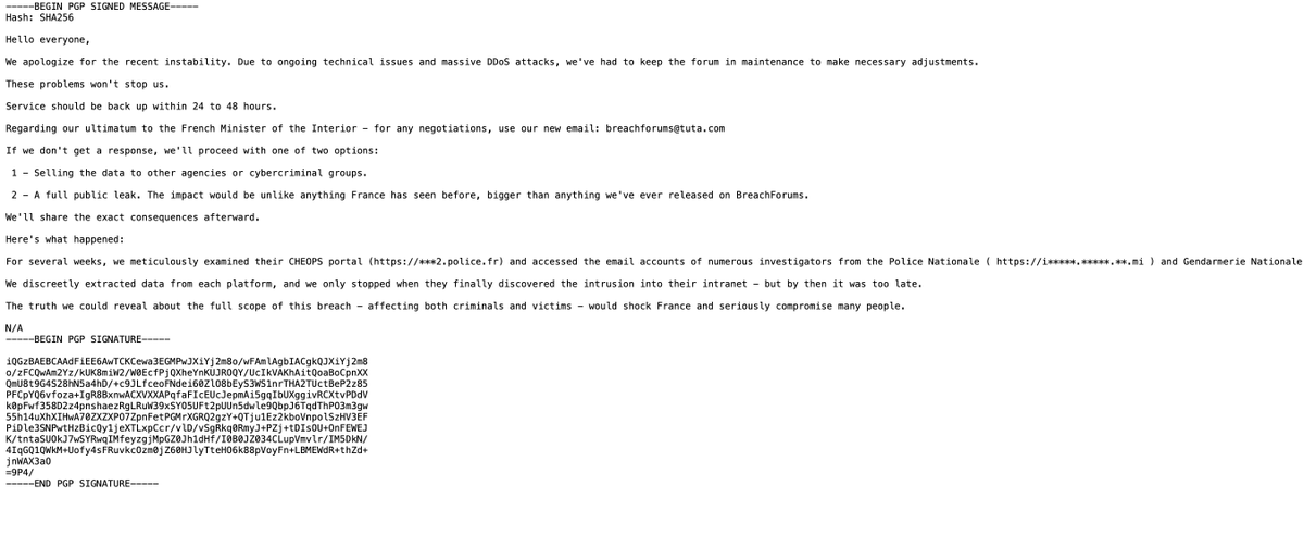 AureaLibe's tweet image. 🔴🇫🇷 ALERTE INFO | Les hackers qui prétendent avoir piraté le ministère de l’Intérieur réaffirment donner un ultimatum à l’État français. Si celui-ci ne négocie pas, ils menacent de vendre ou faire fuiter les prétendues données volées.

Leur message :

"Bonjour à tous,

Nous nous…