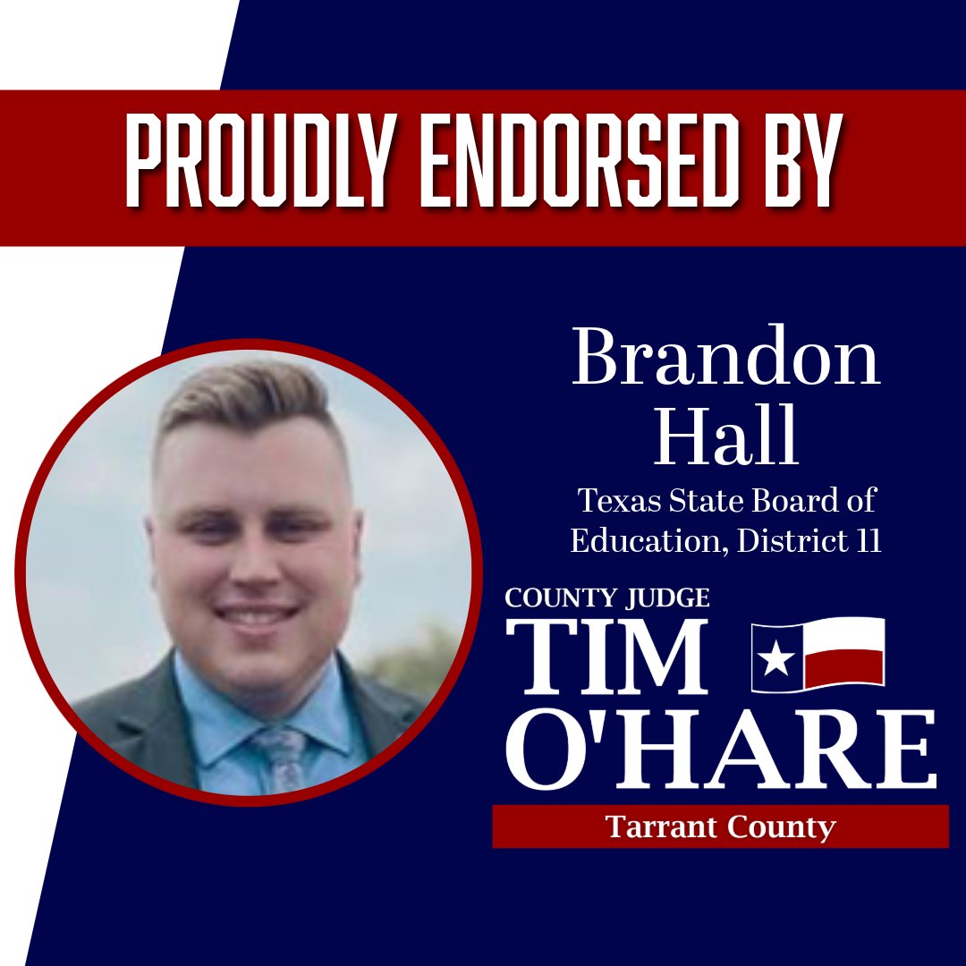 I’m grateful to be endorsed by District 11 State Board of Education Member Brandon Hall (<a href="/BrandonHallTX/">Brandon Hall</a>)! Visit electtimohare.com to add your name to our endorsement list.