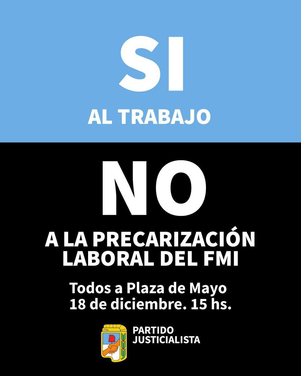 p_justicialista's tweet photo. Desde el Partido Justicialista acompañamos la movilización convocada por la CGT para el jueves 18 de diciembre en defensa de los derechos laborales.

Mientras el gobierno nacional impulsa una reforma que restringe derechos y empobrece al pueblo trabajador, nuestro compromiso siempre estará a favor de defender y ampliar las conquistas históricas del movimiento obrero.