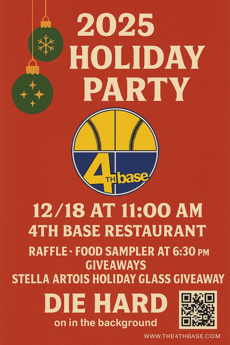 4thBase1's tweet image. Get ready to celebrate 🎉 Join us at 4th Base Restaurant for the 2025 Base Holiday Party on Dec.18. Enjoy Stella drafts, specialty foods, and a chance to win raffle prizes! 🍻🎁 Don't miss out on this all-day festive extravaganza! #HolidayParty #4thBaseFun #RaffleMadness 🎄