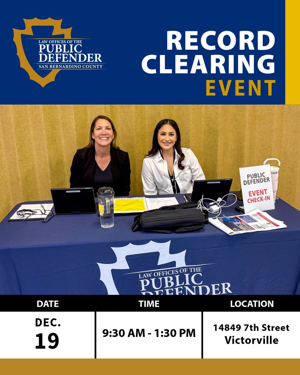 sbcdefender's tweet photo. Victorville Record Clearing Event
Join us at the Young Visionaries Expungement Fair on Fri, Dec. 19 | 9:30 AM–1:30 PM.
Free record-clearing help for San Bernardino County convictions.

📍 14849 7th St, Victorville, CA 92395

#SBCDefender #Expungement #Victorville https://t.co/NjCzI5CiNP