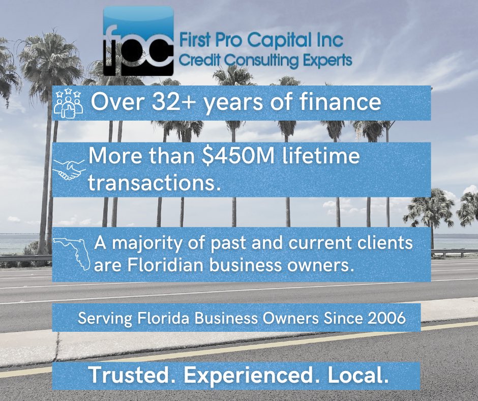 FirstProCapital's tweet image. Contact this SWFL boutique firm for your business credit report fix, business lending and commercial lending needs! Serving business owners throughout Florida: 239.260.4602
#naplesfl  #fortmyers #capecoral #estero #bonitasprings #marcoisland #sarasota #puntagorda #jupiterfl…