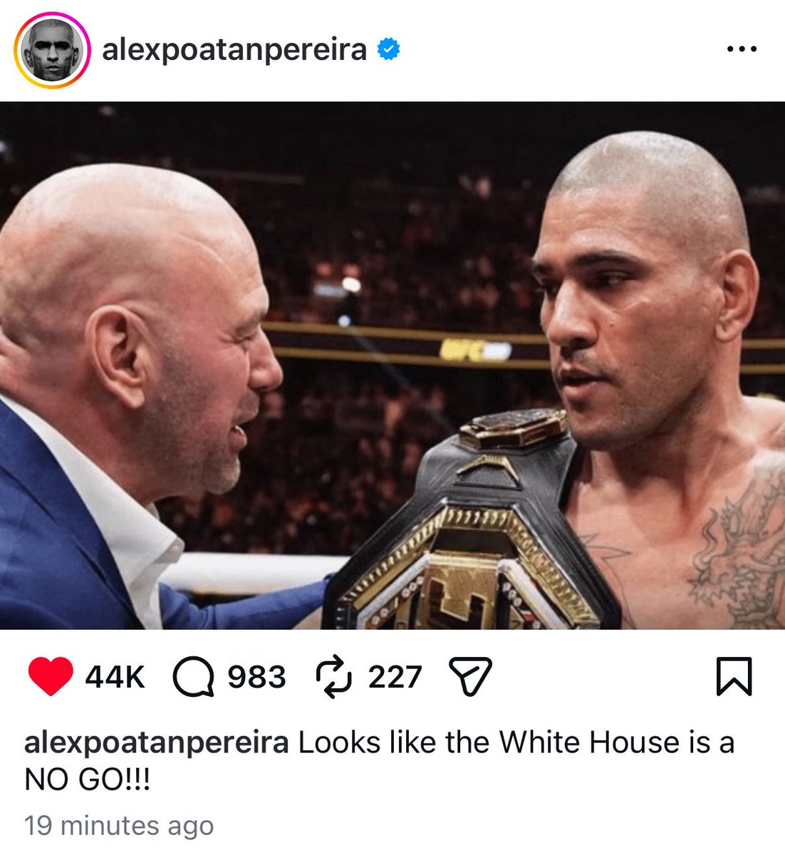 KnockoutOdds's tweet image. Alex Pereira won’t fight at the White House.