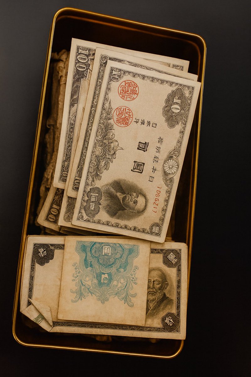 古い缶の中から出てきた、当時の紙幣。 時代を越えて残る紙の質感や