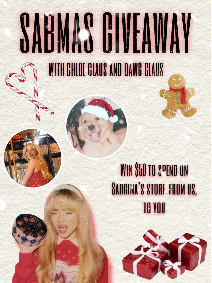 Happy Sabmas! ❄️🧤🛷

This holiday season Chloe and Dawg Claus have teamed up for a little holiday giveaway to win $50 on Sabrina’s store! ✨

Here’s how to enter:
⛄️ follow <a href="/emailsnsweet/">chloe 🐾🪽</a> and <a href="/mbf_dawg/">Dani</a> 
⛄️ retweet this post!
⛄️ reply with ur fave xmas song!

Winner on the 21st!