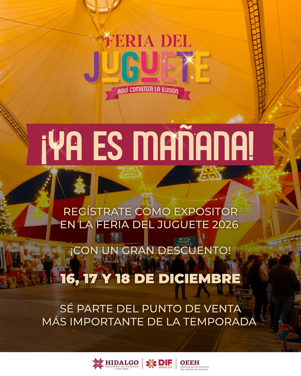 MarcoAranzabal's tweet photo. ¡Mañana inicia la preventa para participar en la Feria del Juguete! 🎁✨

Los días 16, 17 y 18 estaremos recibiendo a quienes quieran formar parte de este espacio donde comienza la ilusión del Día de Reyes.

¡Los esperamos!

#LateConOrgullo #OEEH https://t.co/nmxEyJwF07