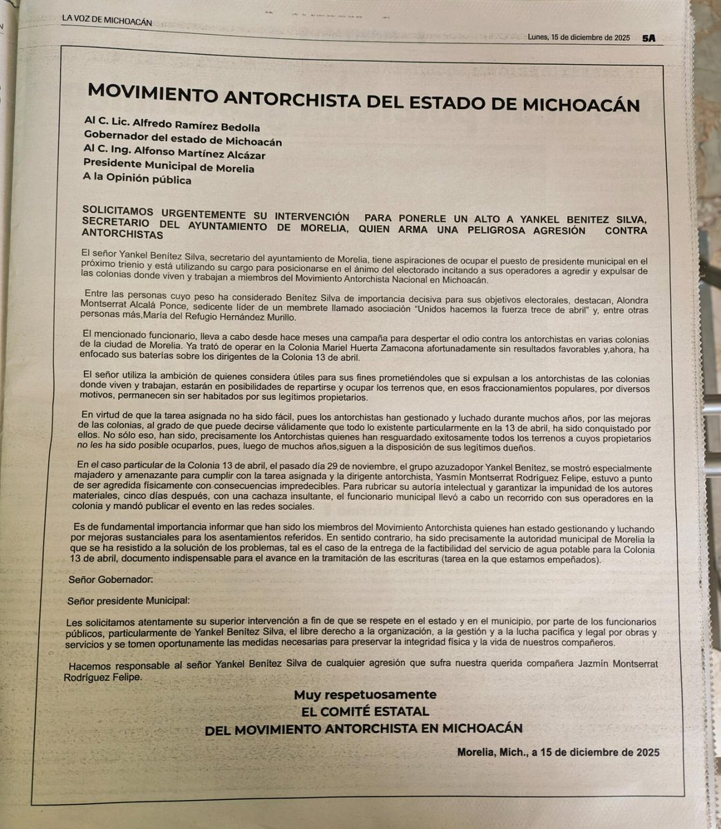 Zutor2's tweet photo. Señor presidente municipal Alfonso Martínez, pedimos su intervención para que se respete la libre asociación, gestión y lucha de Antorcha en el Estado.

#MichoacanosExigenRespeto https://t.co/L1lgTuaz29