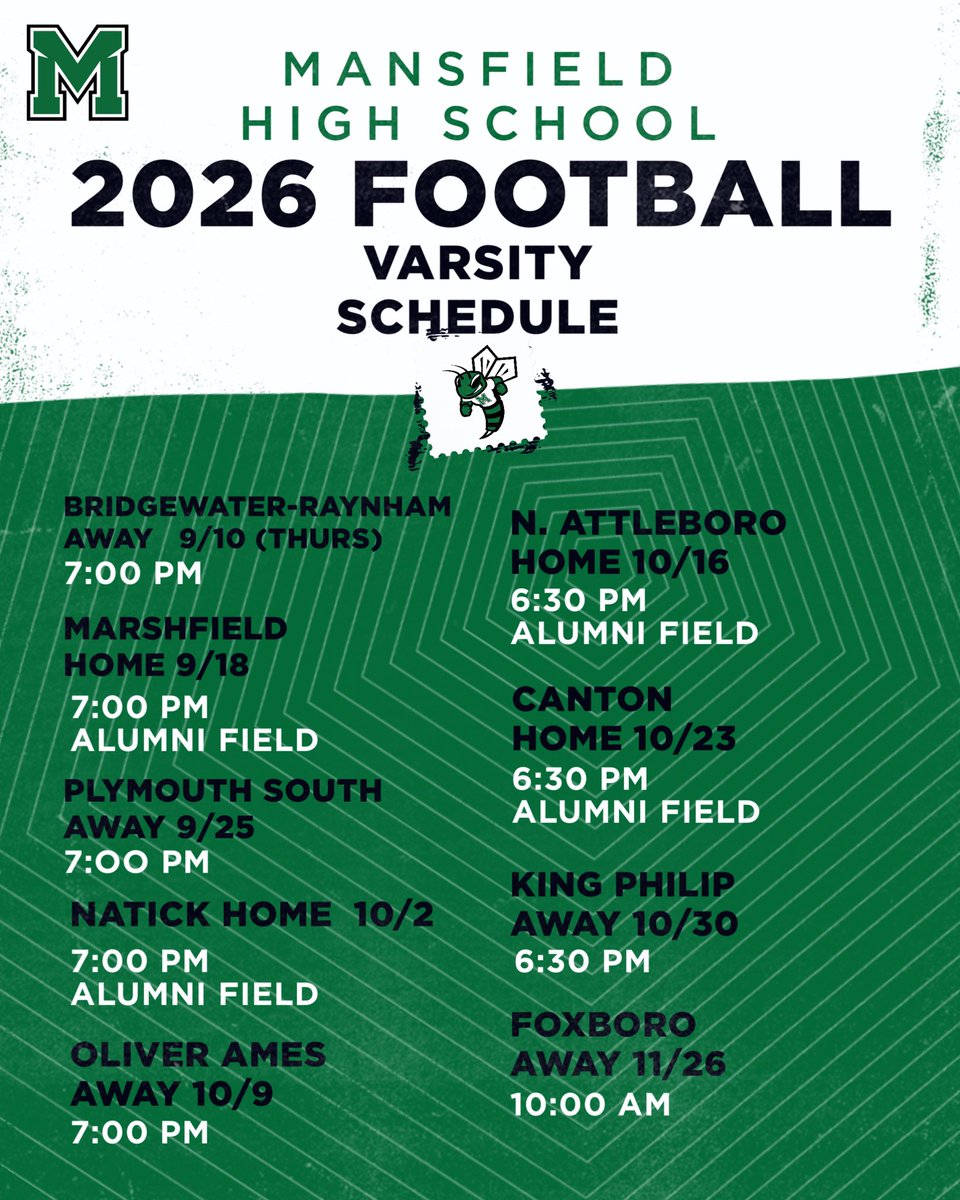 Excited to add Plymouth South and Natick to our 2026 schedule. Outstanding coaching staffs and perennial playoff programs! Let’s Go Hornets!