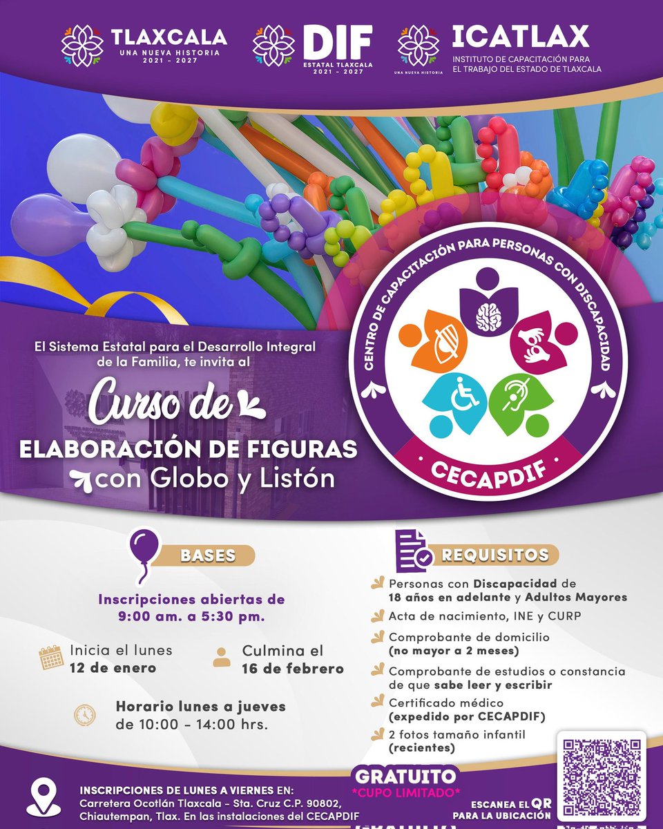 📖 Lectura en el Sistema Braille Básico y 🎈 Elaboración de Figuras con Globo y Listón, espacios pensados para fortalecer habilidades, impulsar la creatividad y promover la inclusión.
✅ Cursos gratuitos | Cupo limitado

#TransformamosVidas