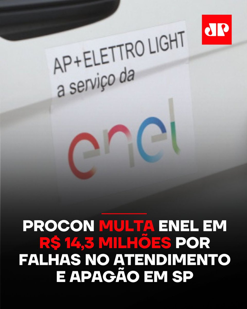 JovemPanNews's tweet photo. O Procon Paulistano aplicou nesta segunda-feira (15) uma multa de R$ 14,3 milhões à Enel por “falhas graves e estruturais na prestação de serviço”, especialmente na resposta ao apagão que atingiu 2,2 milhões de imóveis na Grande São Paulo após o vendaval histórico da última quarta-feira (10). O órgão apontou falhas no atendimento, interrupções no fornecimento e ausência de informações adequadas aos consumidores, classificando a conduta como infração ao Código de Defesa do Consumidor.

A Enel tem 20 dias para apresentar defesa. O Procon destacou que a concessionária já havia sido notificada em três ações judiciais anteriores: em 2023, para apresentar plano de contingência; em outubro de 2024, para fornecer o GPS dos veículos de atendimento emergencial; e em um terceiro processo que suspendeu a prorrogação antecipada do contrato de concessão com a União.

Em nota, a Enel destacou os esforços realizados após o ciclone extratropical, que gerou ventos de até 98,1 km/h e quedas de árvores, afetando a rede elétrica. A distribuidora mobilizou cerca de 1.800 equipes para normalizar o fornecimento nos dias 10 e 11, e atualmente mantém equipes atuando em casos posteriores ao evento climático.

📺 Confira na JP News e Panflix

#SãoPaulo #Procon #Enel #FaltadeLuz #JovemPanNews