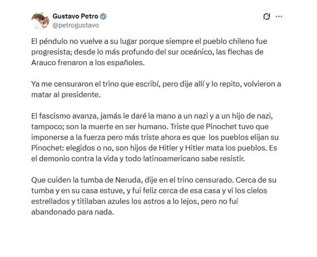 Gracias compañero presidente <a href="/petrogustavo/">Gustavo Petro</a> . El gobierno de <a href="/GabrielBoric/">Gabriel Boric Font</a> nos avergüenza y no nos representa al presentar una nota de protesta por sus opiniones de principios, las que compartimos. Las y los Allendistas de Chile solidarizamos con usted y con el pueblo colombiano.