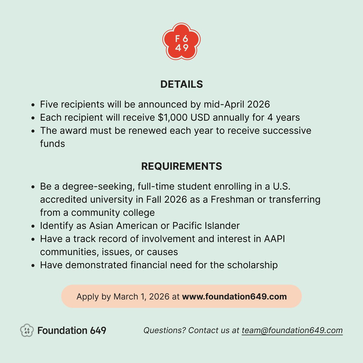 oca_new's tweet photo. Foundation 649, a nonprofit that provides scholarships to AAPI students. Their annual scholarship program is now open. Their goal is to make higher education more accessible for AAPI youth.
For more info about the scholarships: https://t.co/l9VsWUsCgS @foundation649 https://t.co/PDR8fXMvxj