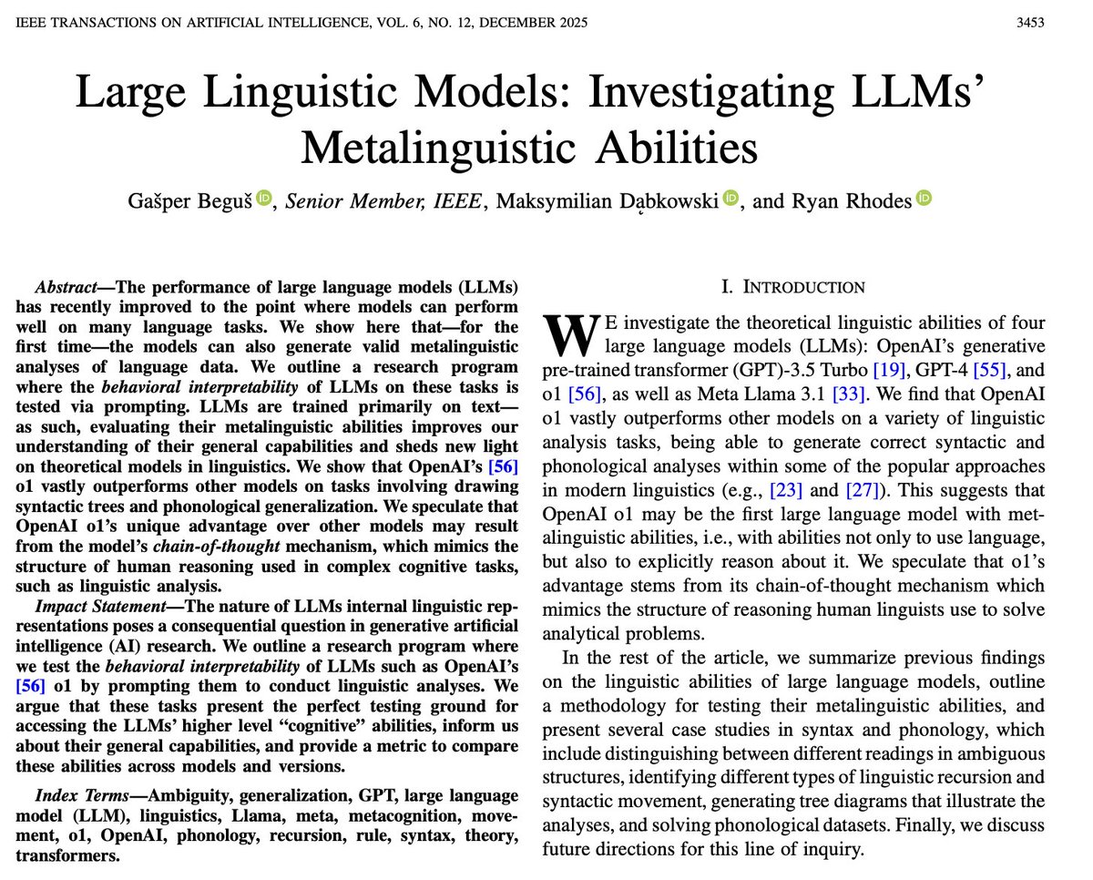 Many believe that AI doesn't actually understand language rules—it just predicts the next word like a glorified autocomplete.

I’m about to ruin that "fact" for you.

New research suggests OpenAI’s o1 isn't just speaking language anymore. It’s analyzing it like a human linguist.