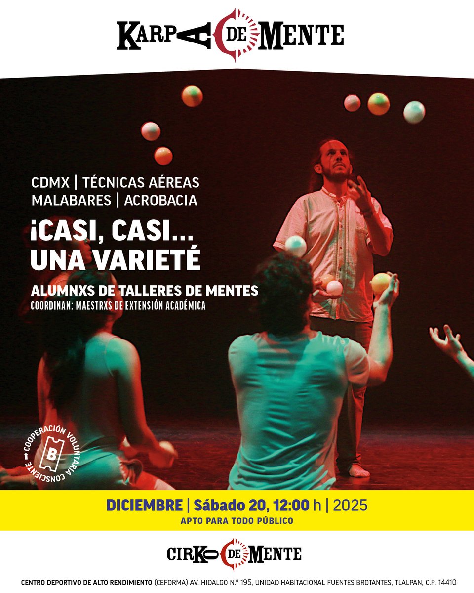 ¡Última función del año!
Una celebración al esfuerzo y dedicación. Acompáñanos a presenciar los procesos circenses de los alumnos y su alegría por descubrir el circo.