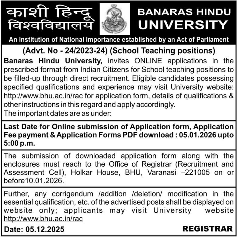 indiangovtjobs's tweet image. BHU Teacher Recruitment 2025 Apply Online for 55 School Teacher Vacancies

indgovtjobs.in/2025/12/BHU-Te…

#BHU #teacher #teacherjobs #JobAlert #UP