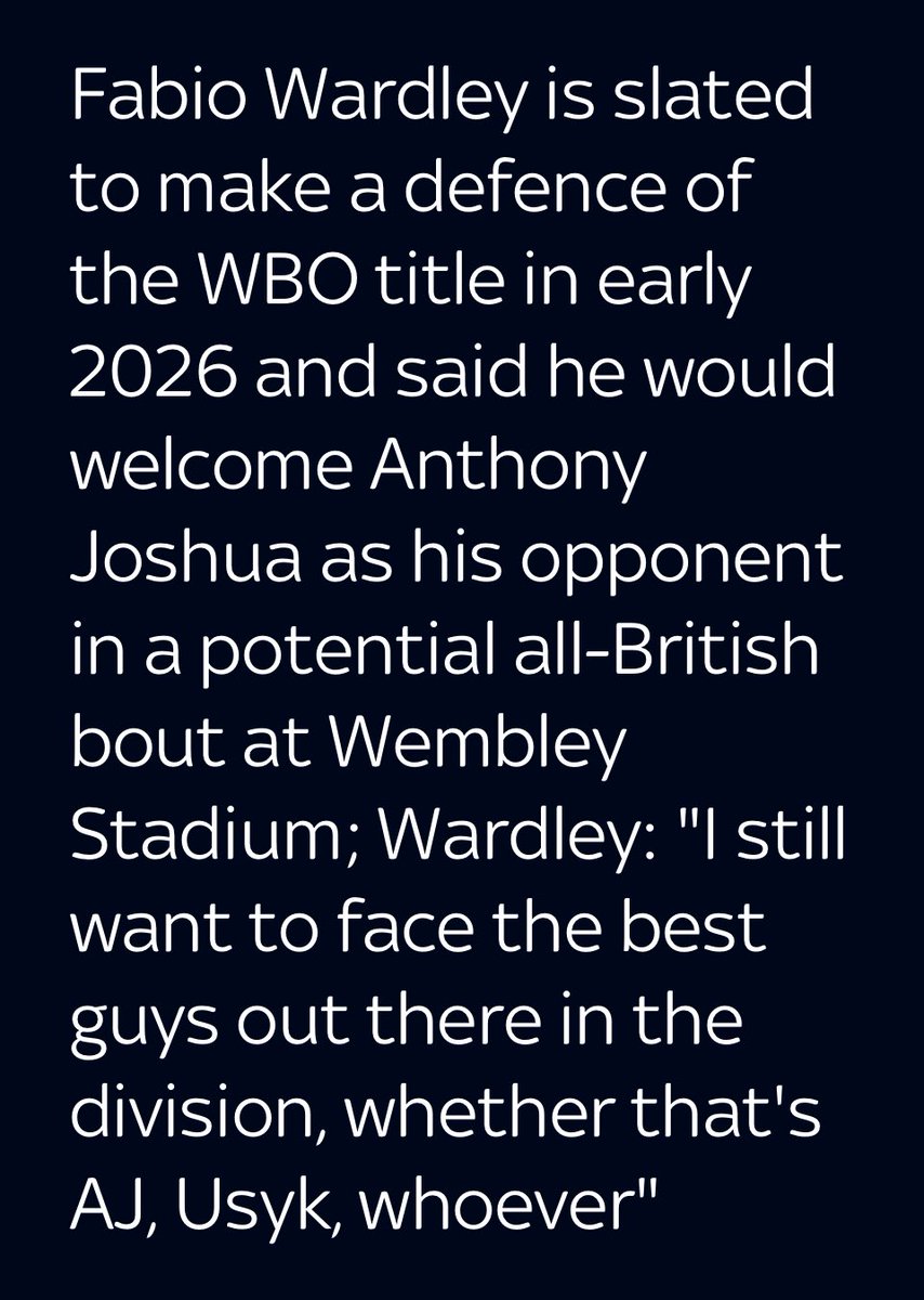 Fabio Wardley tells Sky Sports he is up for ⁦<a href="/anthonyjoshua/">Anthony Joshua</a>⁩ Or ⁦<a href="/usykaa/">Oleksandr Usyk</a>⁩ or Whoever. Who do you want to see Big ⁦<a href="/FabioWardley/">Fabio Wardley</a>⁩ in with next? 

#Boxing #FabioWardley #AnthonyJoshua #OleksandrUsyk #SkySports #RedCornerBoxing #BoxingFightZone