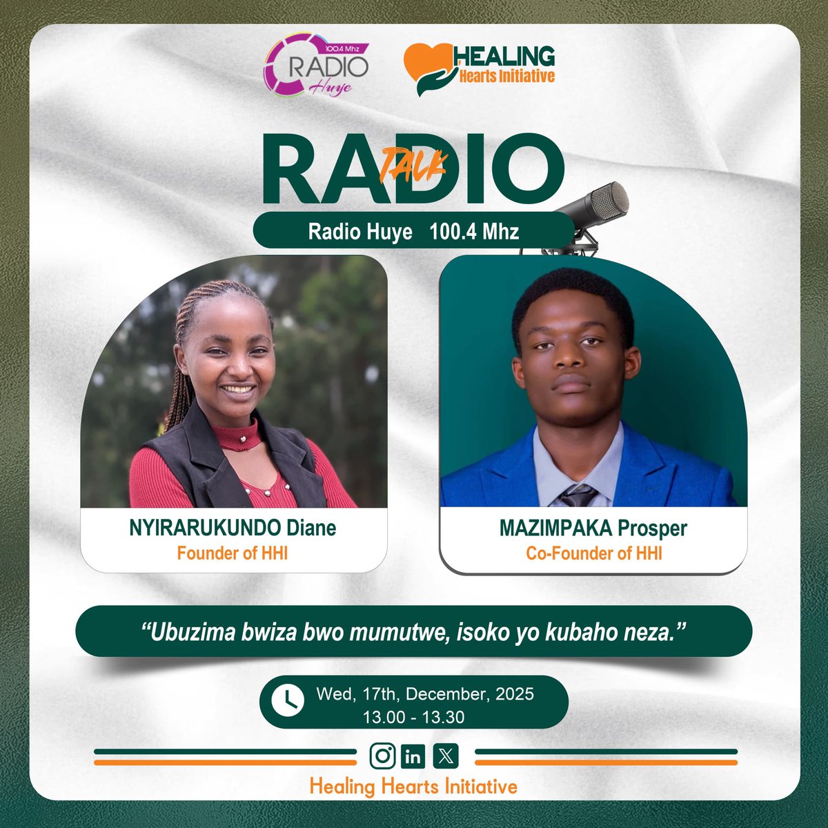 📻 We’re live on RBA Huye this Wed, 17 Dec 2025 |1:00–1:30 PM|

🎙️ Theme: Mental Health Awareness – The Source of Healthy Living

Calling all Rwandans &amp; youth to tune in and engage!
#MentalHealthAwareness #HealingHeartsInitiative
