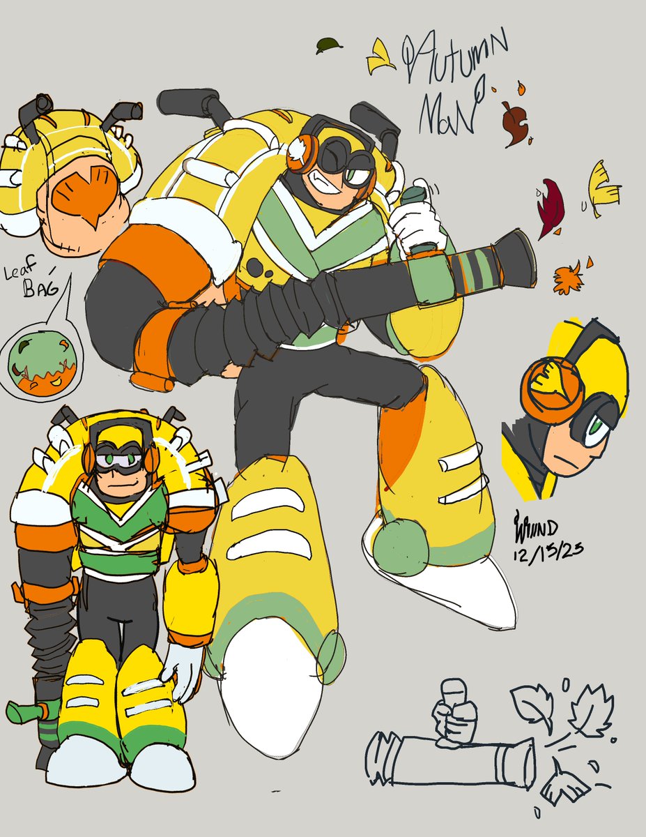 DWN: ???
Name: Autumn Man
A robot designed to relieve  yard work and cleaning. He switches between both a vacuum to collect leaves OR expulsion mode to send them to someone else's yard (must be Wily's addition)
#MegaManDO #DesignARobotMaster