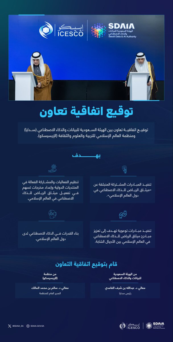 #سدايا ومنظمة (الإيسيسكو) توقعان اتفاقية تعاون؛ لوضع إطار موحّد وأخلاقي لحوكمة الذكاء الاصطناعي في الدول الأعضاء استناداً على مبادئ "ميثاق الرياض"، بما يسهم في ترسيخ الممارسات المسؤولة، وتشجيع الابتكار.
#انترو