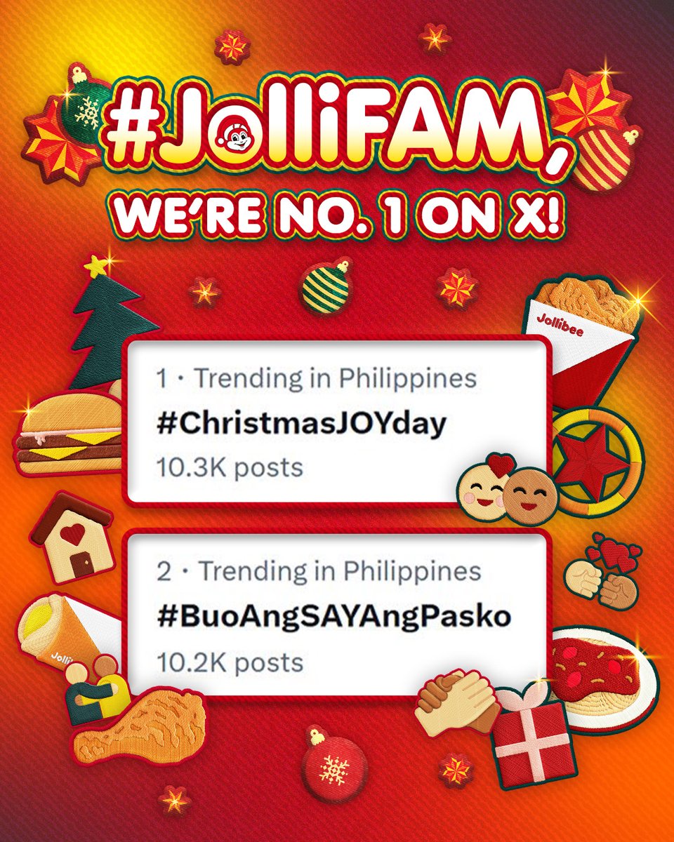 Jollibee's tweet photo. THANK YOU and congratulations, #JolliFAM, for making this first-ever celebration of #ChristmasJOYday such a hit! 🎉🎉🎉 https://t.co/W29wnhayIA