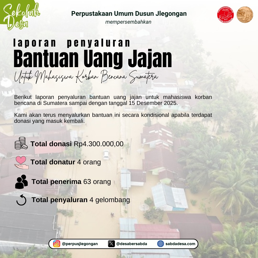 Salam dari Jlegongan,

Berikut laporan penyaluran bantuan untuk kawan-kawan mahasiswa Sumatera. Program ini akan kami lanjutkan kembali apabila ada donatur lagi.

Berkah-berkah buat semuanya, ya!❤❤❤