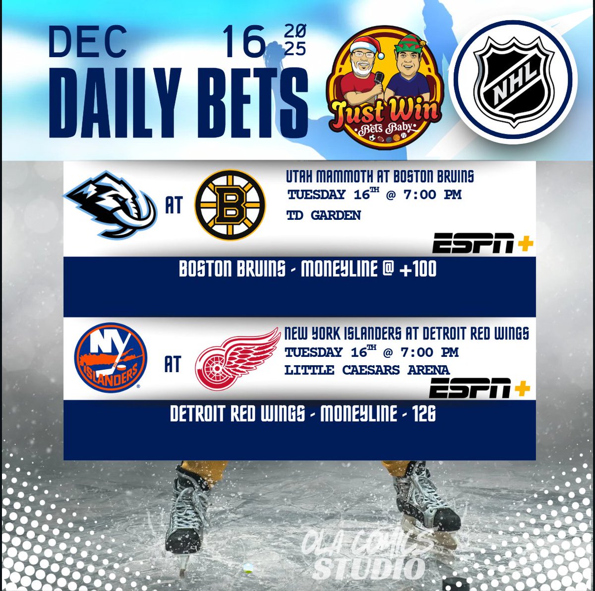 JustWinBetsBaby's tweet image. NHL DAILY PICKS for (12.16.25).  We going 1-1 but a nice PLUS 💰winner with the @DallasStars last night.  Now, we move to tonight's games:

@utahmammoth AT @NHLBruins (7:00 PM EST)
@NYIslanders AT @DetroitRedWings (7:00 PM EST)

Good luck to everyone &amp;amp; let's go 2-0 tonight!

#NHL…