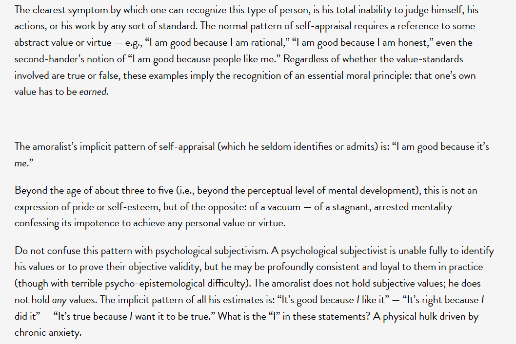 I've said it before, I'll say it again. Donald Trump is the living embodiment of tribal lone wolf type of amoralist skewered by Ayn Rand in this essay. Far from caring of nothing but himself, he has no self to care for. 
courses.aynrand.org/works/selfishn…