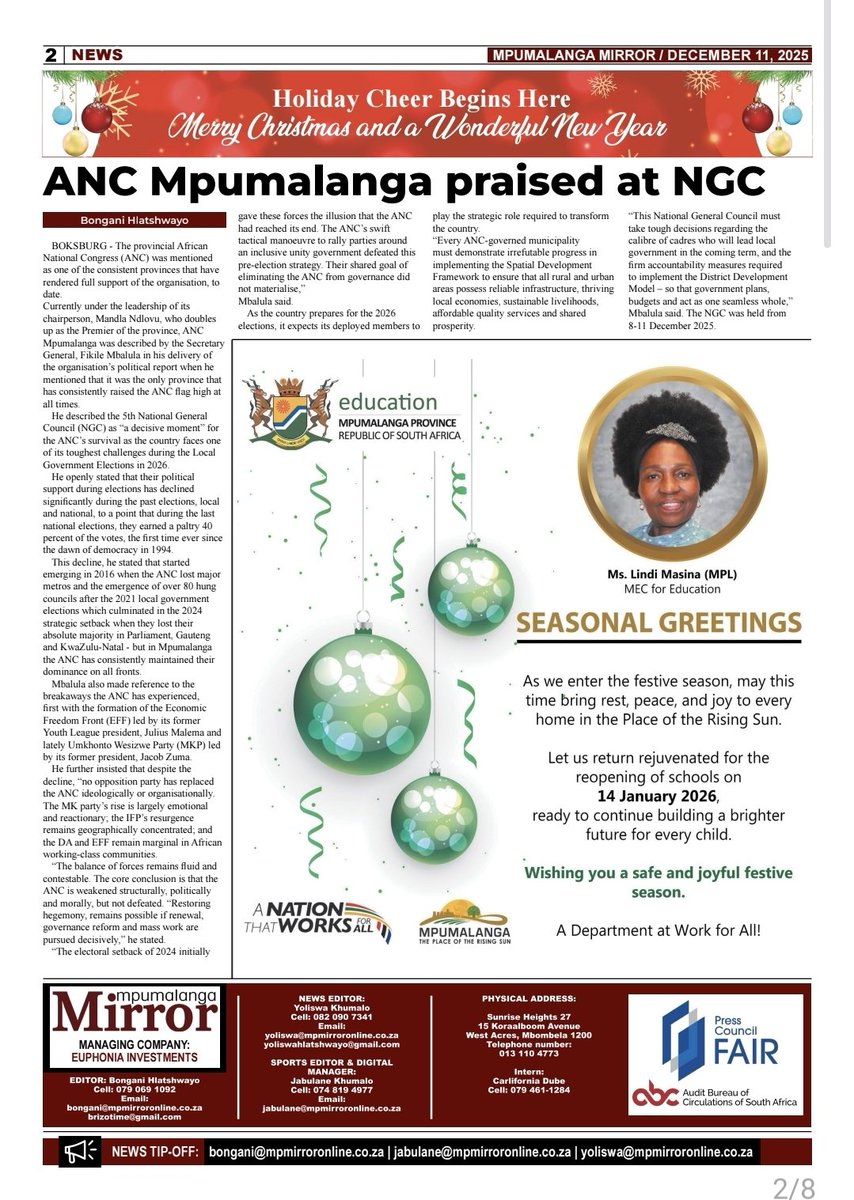 MPMirror's tweet photo. READ | 1/2 Mpumalanga Mirror, December 11 edition. Digital copy also available on our website free to download. #20YearsOfMPMirror #ReflectingTheTruth #mpmirror https://t.co/JjTbqSLZuq
