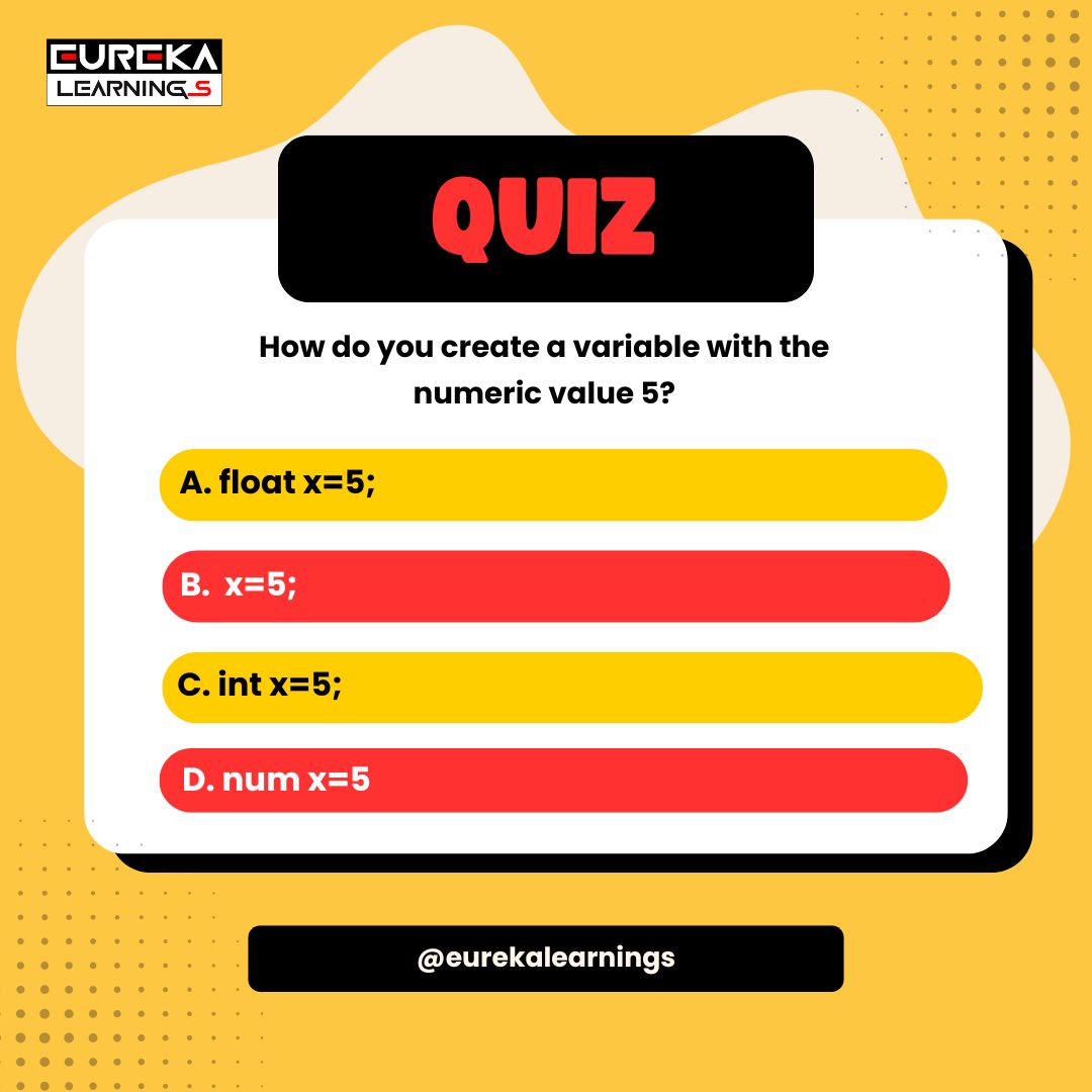 ELS_India's tweet image. How do you create a variable with the numeric value 5? 🤔

A️⃣ float x = 5;
B️⃣ x = 5;
C️⃣ int x = 5;
D️⃣ num x = 5

Drop your answer below ⬇️ and test your coding basics! 🚀

#CodingQuiz #LearnToCode #ProgrammingBasics #TechLearning #EurekaLearning #Developer #CodeLife