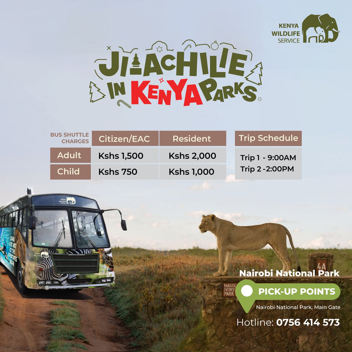 KWSKenya's tweet photo. 𝐓𝐡𝐞 𝐊𝐖𝐒 𝐁𝐮𝐬 𝐒𝐡𝐮𝐭𝐭𝐥𝐞 𝐢𝐬 𝐁𝐀𝐂𝐊!

Starting this weekend, 20th December, we’re bringing back the bus shuttle service on 𝐰𝐞𝐞𝐤𝐞𝐧𝐝𝐬 𝐚𝐧𝐝 𝐩𝐮𝐛𝐥𝐢𝐜 𝐡𝐨𝐥𝐢𝐝𝐚𝐲𝐬 𝐨𝐧𝐥𝐲 𝐭𝐡𝐫𝐨𝐮𝐠𝐡 𝐭𝐡𝐞 𝐟𝐞𝐬𝐭𝐢𝐯𝐞 𝐬𝐞𝐚𝐬𝐨𝐧 as part of the Jiachilie in Kenya Parks holiday campaign..

Explore our parks with ease at:

🌿 Nairobi National Park
🌿 Aberdare National Park
🌿 Lake Nakuru National Park

Affordable, convenient and perfect for family adventures this holiday season.

Check the posters for pick-up points, schedules and charges.

#JiachilieKenyaParks #KWSShuttle #FestiveSeason #TunzaMaliYako