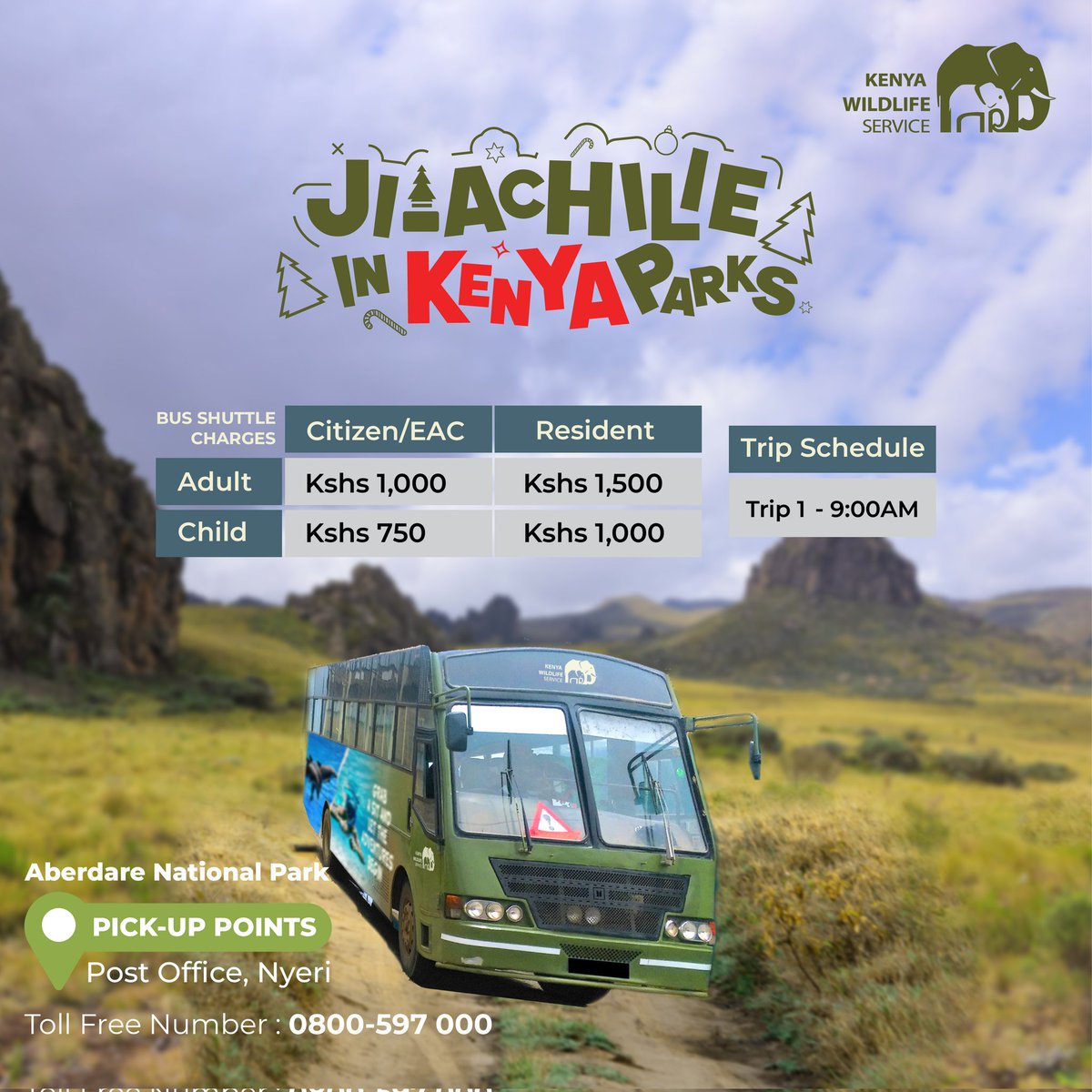 KWSKenya's tweet photo. 𝐓𝐡𝐞 𝐊𝐖𝐒 𝐁𝐮𝐬 𝐒𝐡𝐮𝐭𝐭𝐥𝐞 𝐢𝐬 𝐁𝐀𝐂𝐊!

Starting this weekend, 20th December, we’re bringing back the bus shuttle service on 𝐰𝐞𝐞𝐤𝐞𝐧𝐝𝐬 𝐚𝐧𝐝 𝐩𝐮𝐛𝐥𝐢𝐜 𝐡𝐨𝐥𝐢𝐝𝐚𝐲𝐬 𝐨𝐧𝐥𝐲 𝐭𝐡𝐫𝐨𝐮𝐠𝐡 𝐭𝐡𝐞 𝐟𝐞𝐬𝐭𝐢𝐯𝐞 𝐬𝐞𝐚𝐬𝐨𝐧 as part of the Jiachilie in Kenya Parks holiday campaign..

Explore our parks with ease at:

🌿 Nairobi National Park
🌿 Aberdare National Park
🌿 Lake Nakuru National Park

Affordable, convenient and perfect for family adventures this holiday season.

Check the posters for pick-up points, schedules and charges.

#JiachilieKenyaParks #KWSShuttle #FestiveSeason #TunzaMaliYako
