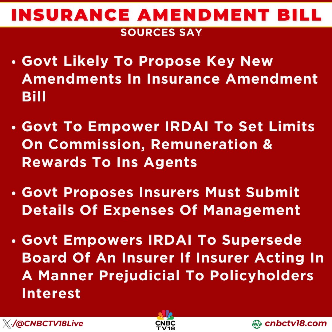 CNBCTV18Live's tweet image. #JustIN | Govt likely to propose key new amendments in Insurance Amendment Bill

--Govt may empower #IRDAI to set limits on commission, remuneration &amp;amp; rewards to insurance agents

--Govt proposes insurers must submit details of expenses of management

Sources to @YashJain88