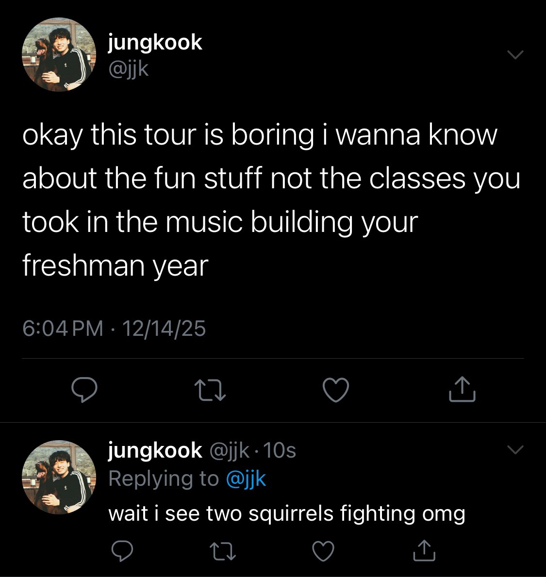 thesameflatfish's tweet image. #yoonkook au where 

jungkook gets lost on his university tour, thinks that yoongi is his tour guide, and accidentally follows him for nearly half an hour.