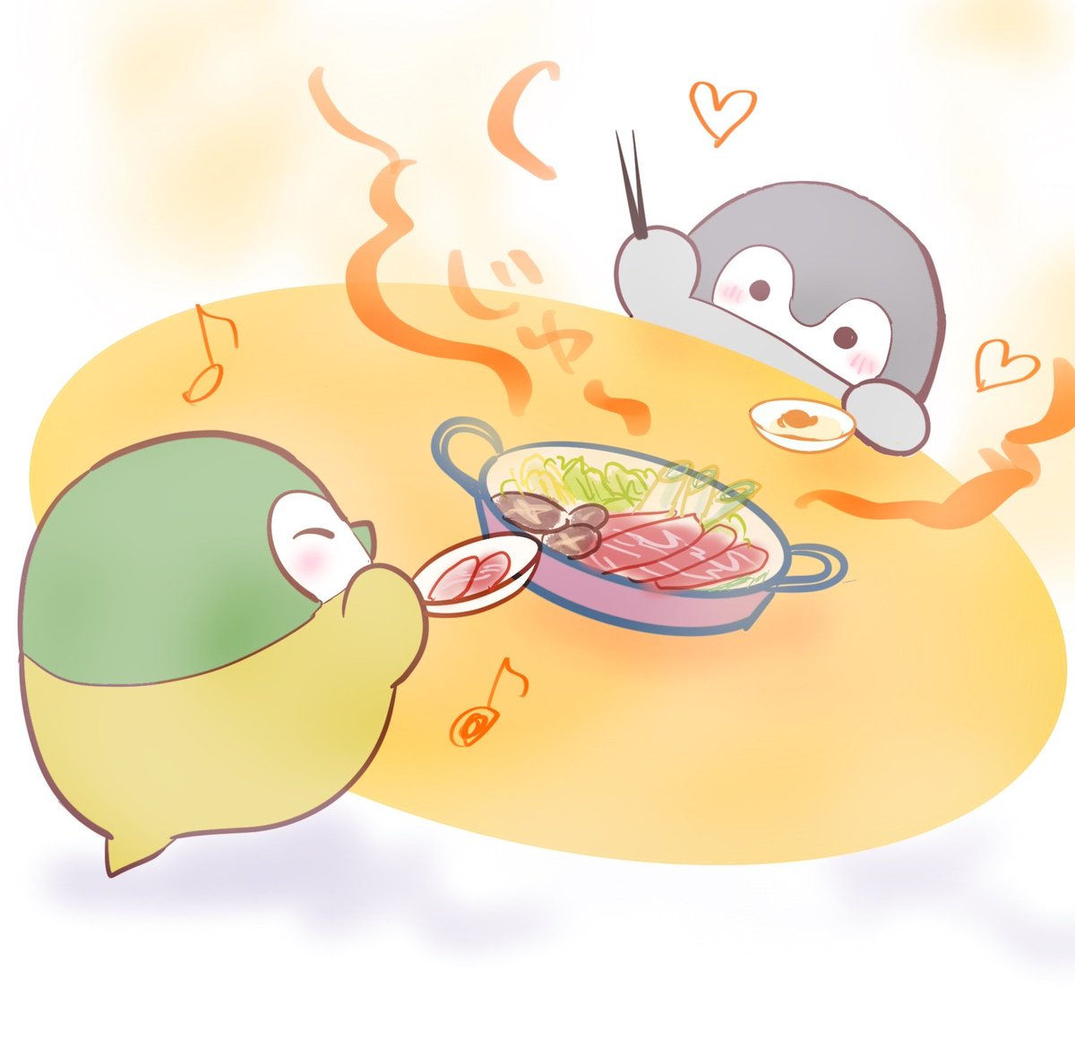 🍲すき焼き…しあわせの味だなぁ〜🐧🐧じゅるり🧡

🐂タイムセールでゲットしてた肉で、ゆうべすき焼きしました🤤
 #コウペンちゃん  #コウペンちゃんファンアート  #イラスト