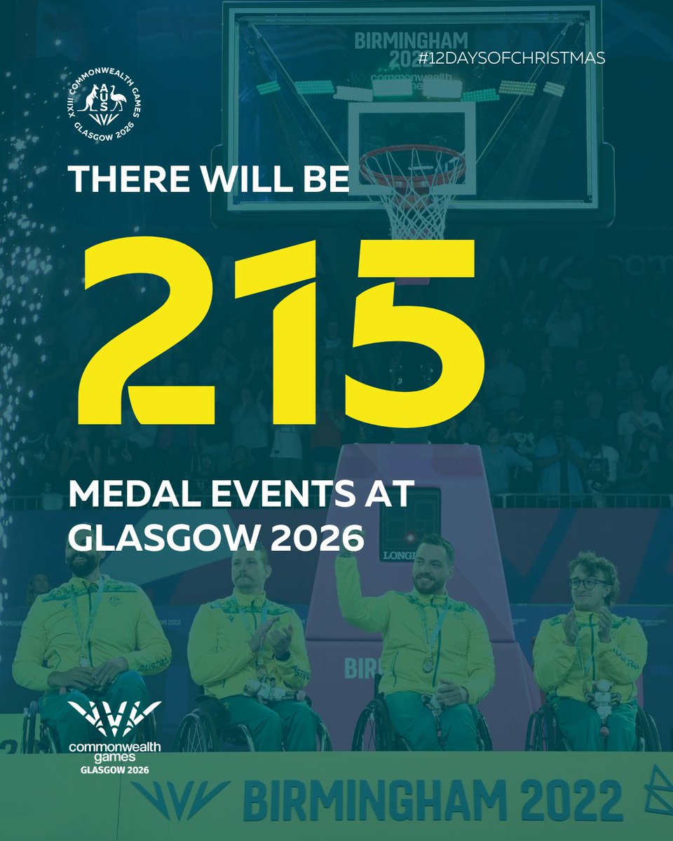 CommGamesAUS's tweet image. 🔟 Incredible days of sport
🏅 215 medal events
✅ A medal program like no other!

The medal program for @Glasgow_2026 will showcase the very best in global sport - and we're ready for it! 

#Christmas2025 #CommGamesAUS #WeAreUnstoppable #Glasgow2026
