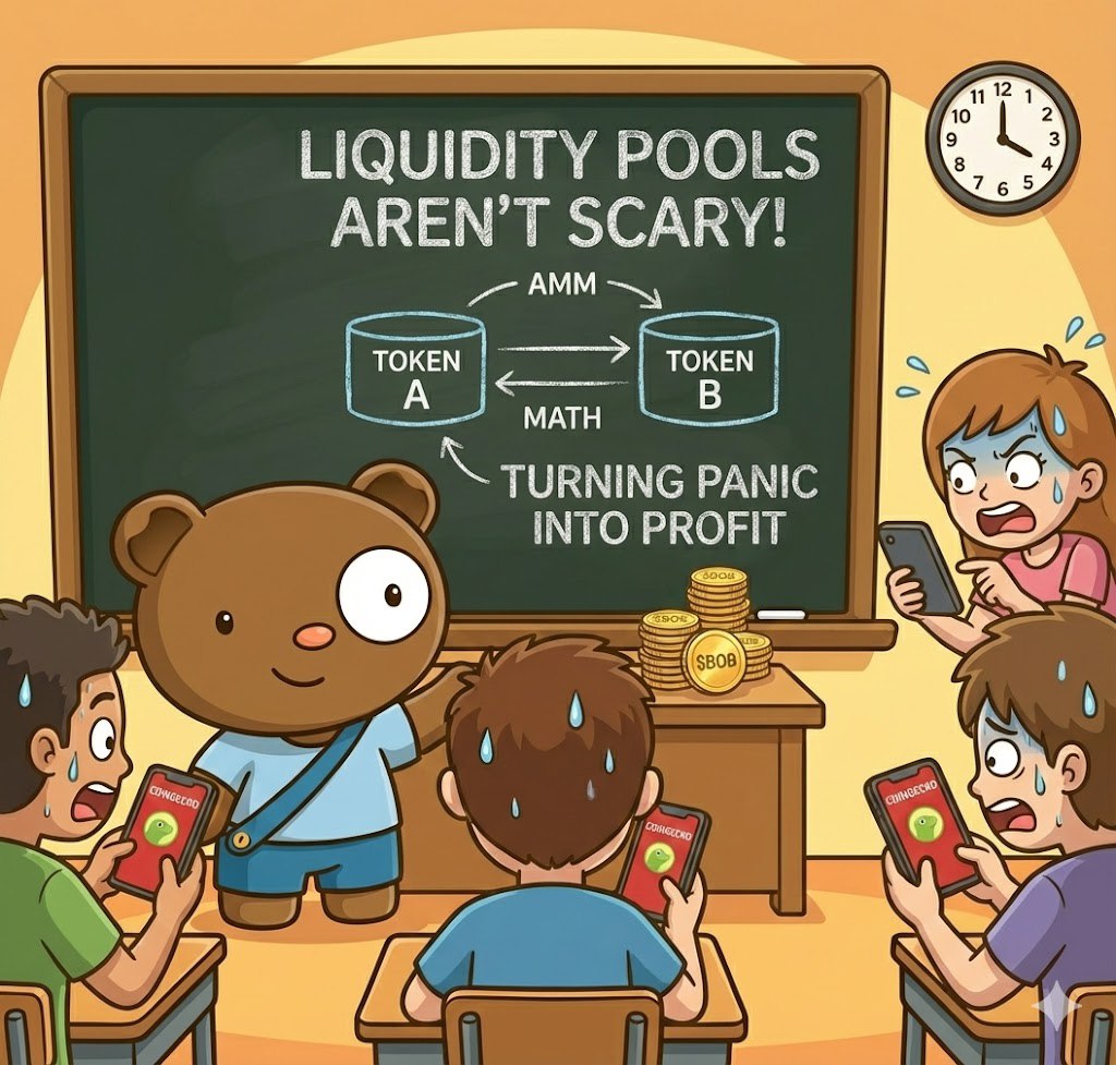 While everyone’s refreshing CoinGecko every 5 seconds, professor BOB is calmly explaining why liquidity pools aren’t scary once you understand the math.

One blackboard sketch at a time, turning panic into profit.

Reminder:

Liquidity Pools aren't scary!