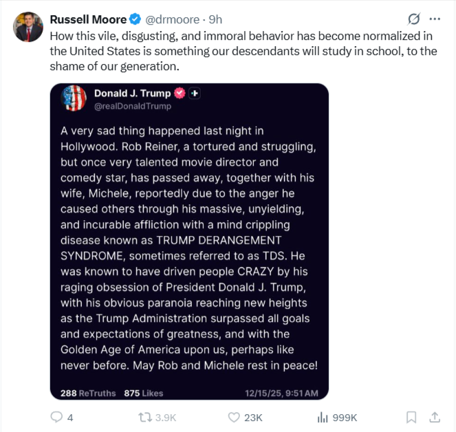 Protestia's tweet image. Remember that time Russell Moore made a rare appearance on Twitter to condemn Jay Jones' remarks about wishing death upon his opponent and their children?

Us neither.