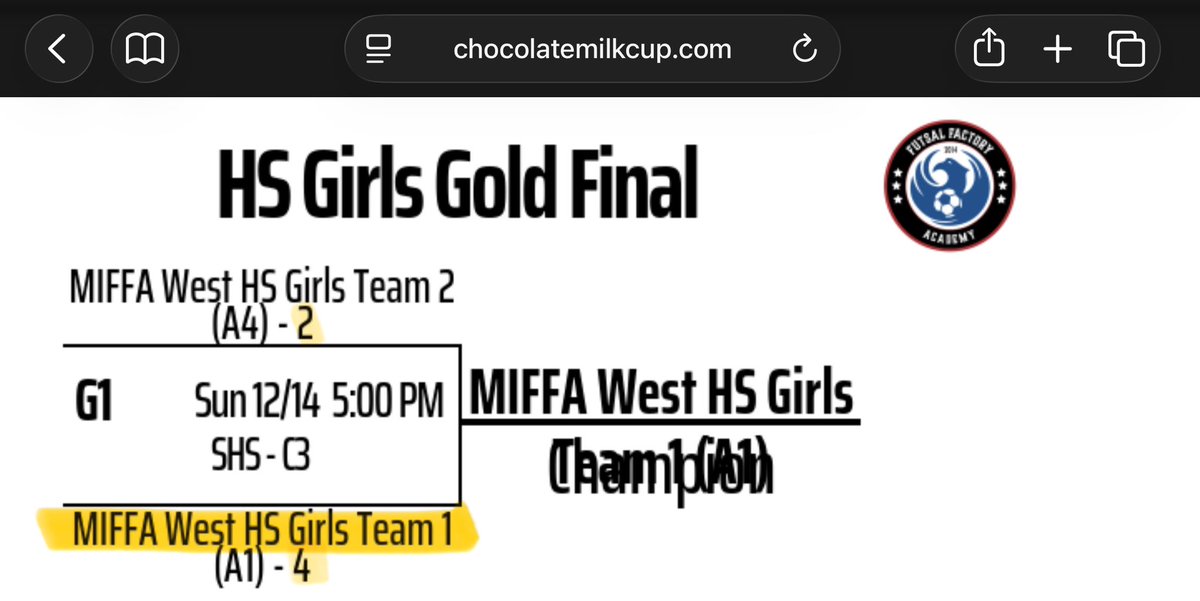 This past week I played for 2 different teams at the Chocolate Milk Futsal Tournament in AnnArbor. I played in the top 2011/2012 division and the top HS Division.  The HS Division was intense and we won the final 4-2!
<a href="/NationalsGA/">Nationals Girls Academy</a> <a href="/MIFutsalFactory/">MI Futsal Factory</a> <a href="/MIHawks1974/">Michigan Hawks</a> <a href="/LFCIAMichigan/">Liverpool FC International Academy Michigan</a>