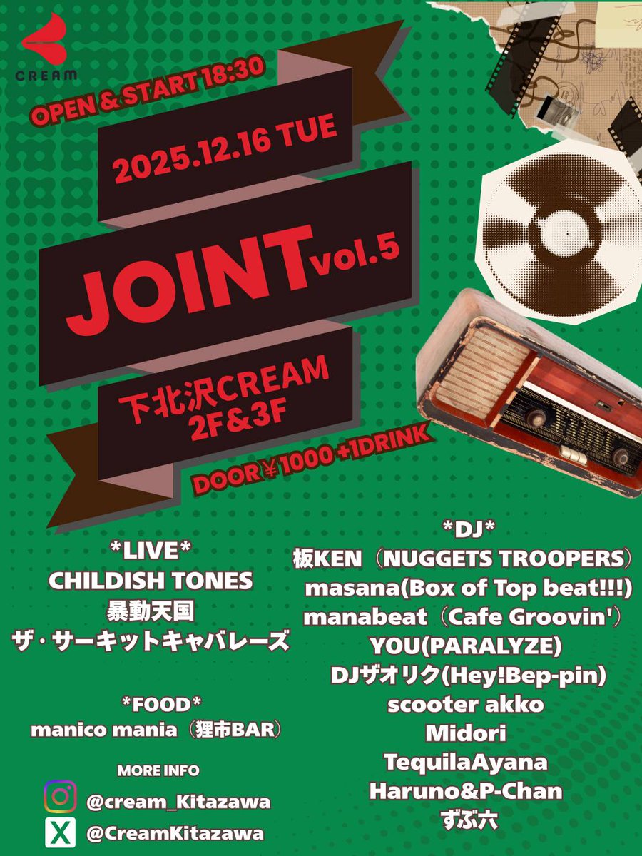 今夜！ 21時30分から下北沢CREAMでCHILDISH TONESのライブです！🥳🪇
今回はトイピアノにROCK-A-POPPY a.k.a おひな、ギターにオリジナルメンバーのNishioka Diddley氏を迎えての6人編成での出演となります！ チャルトン好きなみんなに見てほしいです。待ってます🌟