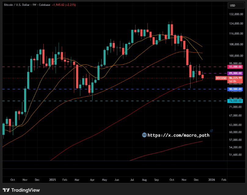 macro_path's tweet image. 🟠 #Bitcoin weekly chart: The 100-week MA is holding as support.

Resistance
First resistance: 89K
Next resistance: 93K (strong multi-week resistance). If it breaks, it could print the yearly candle green.

Support
80K is the first support (macro support).
If 80K breaks, next…