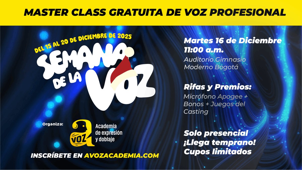 🎙️ ¡Clase GRATIS + micrófono Apogee en juego!
Martes 16 | 11:00 a.m.
📍 Gimnasio Moderno, Bogotá
Con $20.000 COP participas por premios: micrófono, bonos de cabina, sesiones gratis y más.
👉 avozacademia.com/20251215-maste…
#AvozAcademia #MasterClassGratis #ApogeeGiveaway