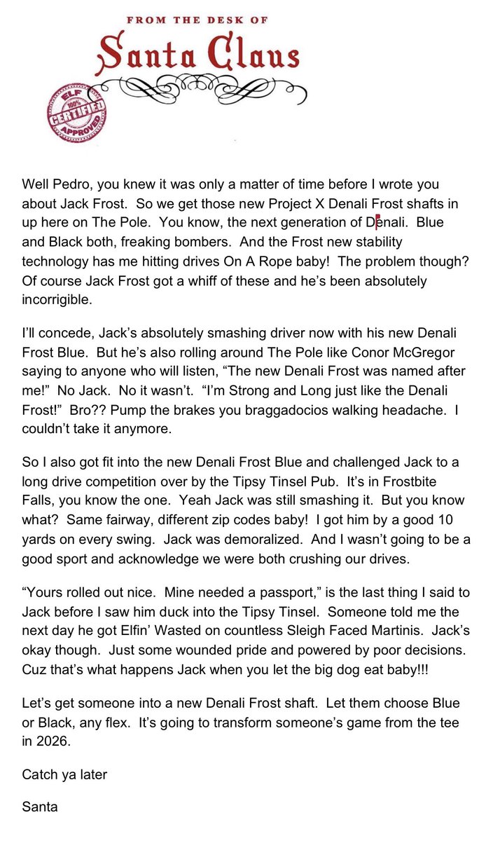 PGAPappas's tweet image. Letters from Santa DAY 6 PGAPappas 12 Days of Christmas Golf Giveaway

🎁 New 2025 Project X Denali Frost Driver Shaft (You Choose Blue or Black, ANY Flex) 👀 #JingleBAM

To Enter:
🎄 Repost, and
🎄 Follow @PGAPappas, @ProjectXGolf, and @truetempergolf 

#ReleaseTheKringle!…